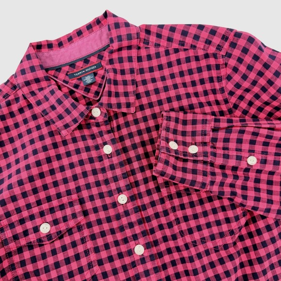 Tommy Hilfiger Tops - Tommy Hilfiger Button Up Womens Large Red Black Gingham Roll Tab Sleeves